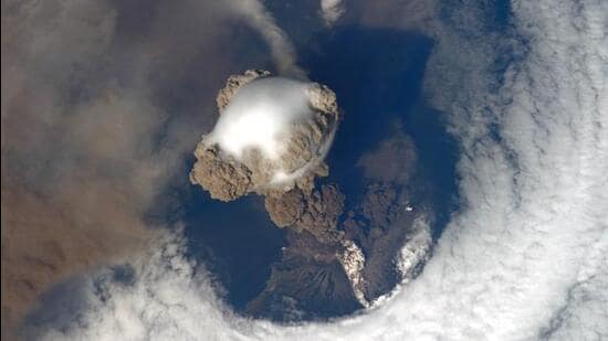 ISS astronauts captured a view of the Sarychev volcano in Japan, as they floated above it in 2009. Over the years, images from ISS have helped track the onset and impact of natural disasters, weather systems, and the climate crisis. (NASA)